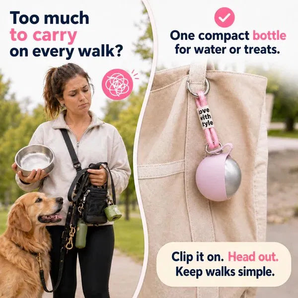 PawSip water bottle holds water and treats
